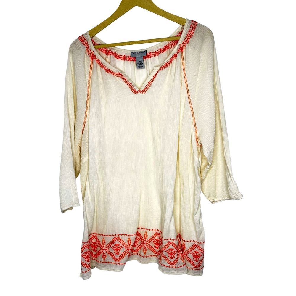 Catherines‎ Plus Size 2X 22/24W Cream Orange Embroidered Cotton Peasant Blouse